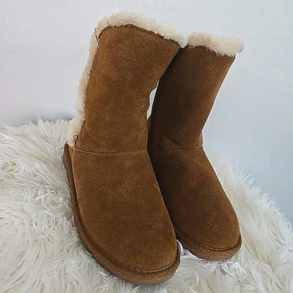 Minnetonka Mid Calf Winter Boots Suede Faux Fur Brown Slip On Women's Size 9 🌴✌ - Picture 4 of 8
